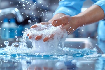 A high-definition capture of hands interacting with soapy water, producing a splash with vivid bubbles