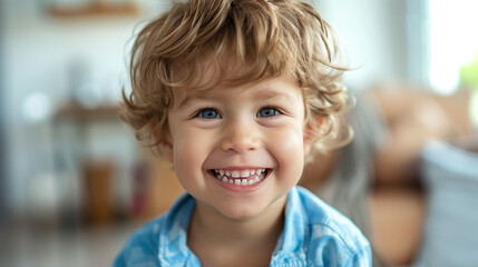 Little Boy Smiling in Blue Shirt. Generative AI