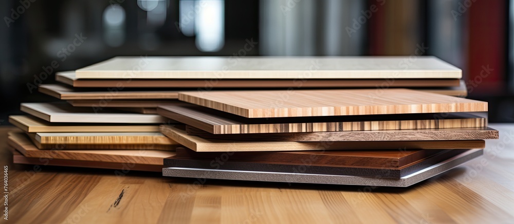Aufkleber a close-up image showing a stack of wood planks neatly arranged on a tabletop
