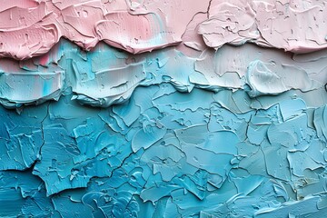 Close-up of a textured surface created by pink and blue oil paints applied with a palette knife