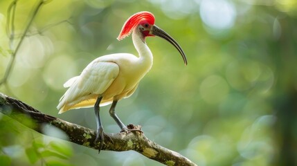 Naklejka premium A Madagascar Crested Ibis, featuring a white plumage and distinct red head, is seen sitting gracefully on a tree branch in a natural setting. The birds elegant posture and vibrant coloration stand out