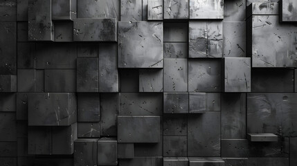 A modern art piece featuring 3D black cubes with different textures creating a wall pattern