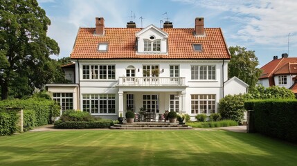 Fototapeta na wymiar White villa on a lovely summer day in Ordrup, a Copenhagen neighborhood.