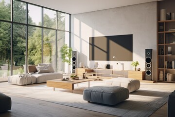 Modern living room with wireless smart sound system