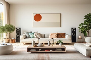 Modern living room with hi-tech wireless sound system