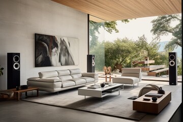 Modern living room with high-end sound system and nature view