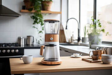 Stylish coffee maker brewing fresh coffee in modern kitchen