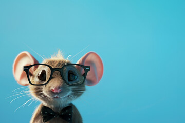 Naklejka premium nerdy mouse wearing glasses and bowtie isolated on plain blue studio background frame with empty text space