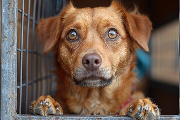 A close-up of a dog with soulful eyes looking through the bars of a shelter or a kennel - obrazy, fototapety, plakaty