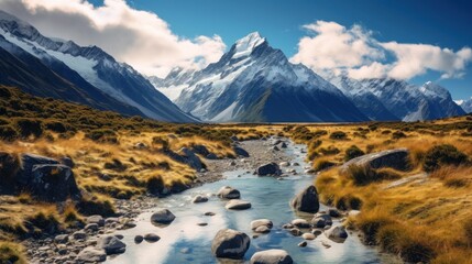 Beautiful landscape panorama view of Mt.cook, south island, AI generated - obrazy, fototapety, plakaty