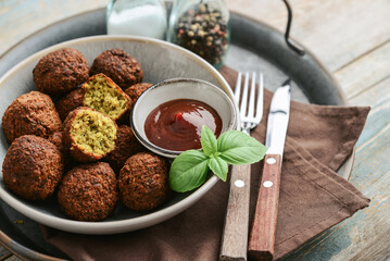 Falafel plate with spice and souce on metal tray - 764037032