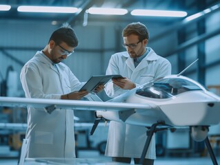 Two engineers analyzing a drone in a high-tech laboratory environment, showcasing innovation and teamwork.