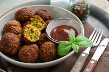 Falafel plate with spice and souce on metal tray - 764037098