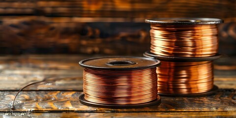 Importance of Spools of Copper Welding Wire in Metal Fabrication and Repairs. Concept Metal Fabrication, Welding Wire, Copper Spools, Repair Work, Construction Industry - obrazy, fototapety, plakaty