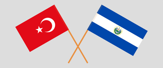 Crossed flags of Turkiye and El Salvador. Official colors. Correct proportion