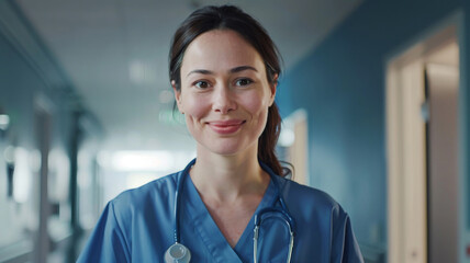 Compassionate Nurse in Hospital Setting. A warm-hearted nurse with a gentle smile stands in the hospital corridor, exuding care and professionalism. - obrazy, fototapety, plakaty