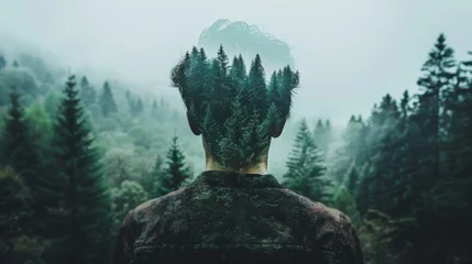 Foto op Canvas Silhouette of man against lush forest in captivating double exposure composition © Ilja