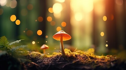 Beautiful mushrooms growing on the ground in the forest with smooth bokeh sun light. Selective focus image. - obrazy, fototapety, plakaty