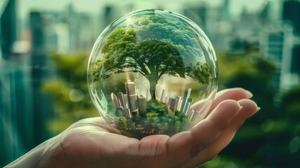 Vision of Urban Sustainability. A hand holds a crystal ball revealing a lush tree amid a futuristic cityscape, symbolizing a harmonious balance between urban development and nature.