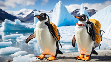 Obraz premium A penguin explorer in expedition gear stands on the edge of a glacier or iceberg against. Advertising background.