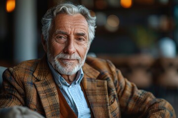 Well-dressed older man with a handsome, wise look in a warm, ambient setting