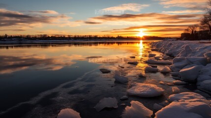 Beautiful Sunset at Ottawa river in the winter. AI generated