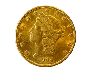 Rewers złotej dziesięciodolarówki, liberty, głowa. Zbliżenie, detal. Przezroczyste tło.