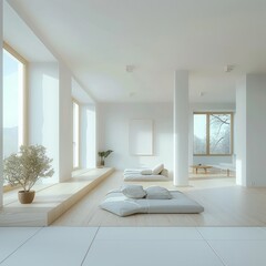 A minimalist living room, white walls and large windows, in plenty of natural light, featuring space-saving furniture and eco-friendly, high resolution photo