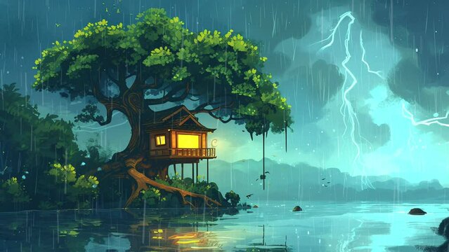Enchanting fantasy treehouse nestled amidst ancient woodland
 Seamless looping 4k time-lapse virtual video animation background. Generated AI