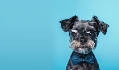 nerdy dog wearing glasses and bowtie isolated on plain blue studio background frame with empty text space