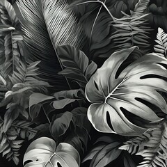 tropical plants, monstera leaves, banana, palm, watercolor banner illustration, background, pattern