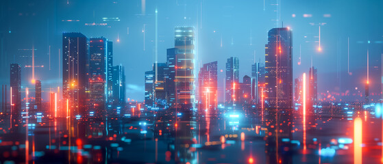 Neon lights reflect off skyscrapers in a digitalized cityscape.