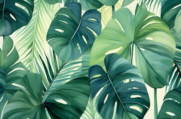 tropical plants, monstera leaves, banana, palm, watercolor banner illustration, background, pattern