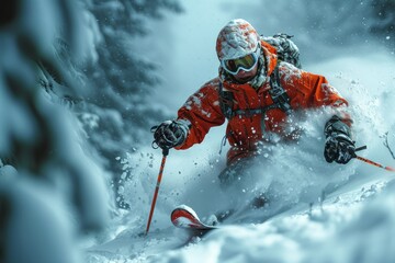 An action-packed image of a skier aggressively carving through deep powder snow, evoking feelings of excitement and freedom