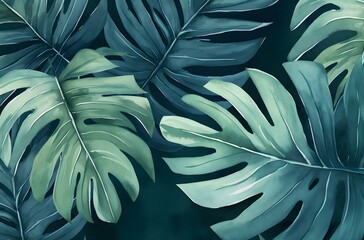 tropical plants, monstera leaves, banana, palm, watercolor banner illustration, background, pattern