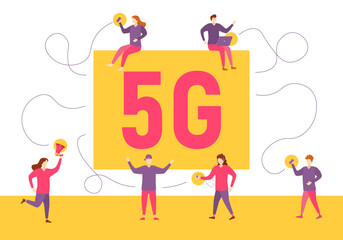 5g technology and communication concept with people and 5G towers.