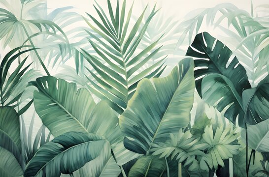 tropical plants, monstera leaves, banana, palm, watercolor banner illustration, background, pattern