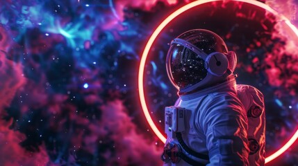 astronaut in a suit observing a portal style neon circle in space