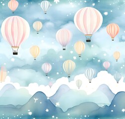 balloons, aeronautics, delicate pastel colors, watercolor banner illustration, for children's room, background, pattern