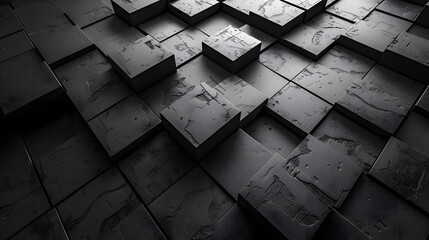 A monochrome image displaying a pattern of black cubes with a textured, geometric aesthetic