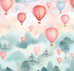 balloons, aeronautics, delicate pastel colors, watercolor banner illustration, for children's room, background, pattern - obrazy, fototapety, plakaty