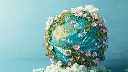 Blossoming Earth: A Fresh Perspective. This image creatively showcases a world in bloom, with verdant greenery and daisies crowning the Earth against a serene blue background - obrazy, fototapety, plakaty