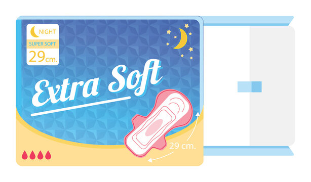 White sanitary napkin or pads package, feminine hygiene Menstrual blood product absorbers for night Hygiene ladies