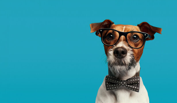 nerdy terrier dog wearing glasses and bowtie isolated on plain blue studio background frame with empty text space