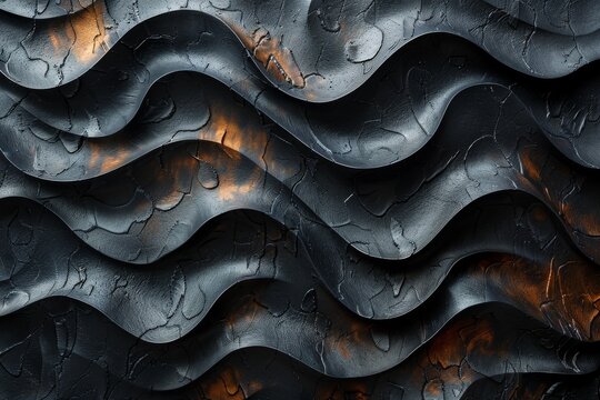 A detailed image showcasing the intricacies of water drops on a textured wavy black surface