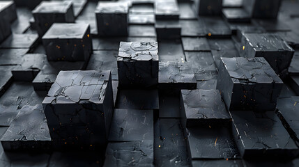 Dramatic image of black cubes with surface cracks and glowing embers, symbolizing tension or disruption