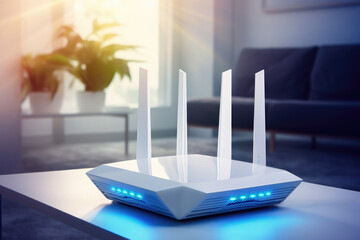 Modern wireless router on table with glowing lights at home