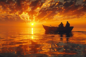 A captivating image depicting two fishermen aboard a small boat during a picturesque golden sunset