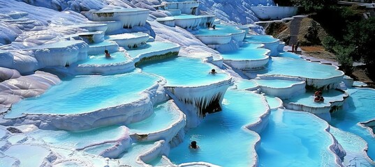 Soothing baby blue thermal waters in pamukkale, turkey   a serene oasis on white travertine terraces - obrazy, fototapety, plakaty