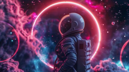 Fototapeta premium Astronaut in a suit observing a portal-style neon circle in space with neon clouds in high resolution and high quality. concept wallpaper, astronaut,neon